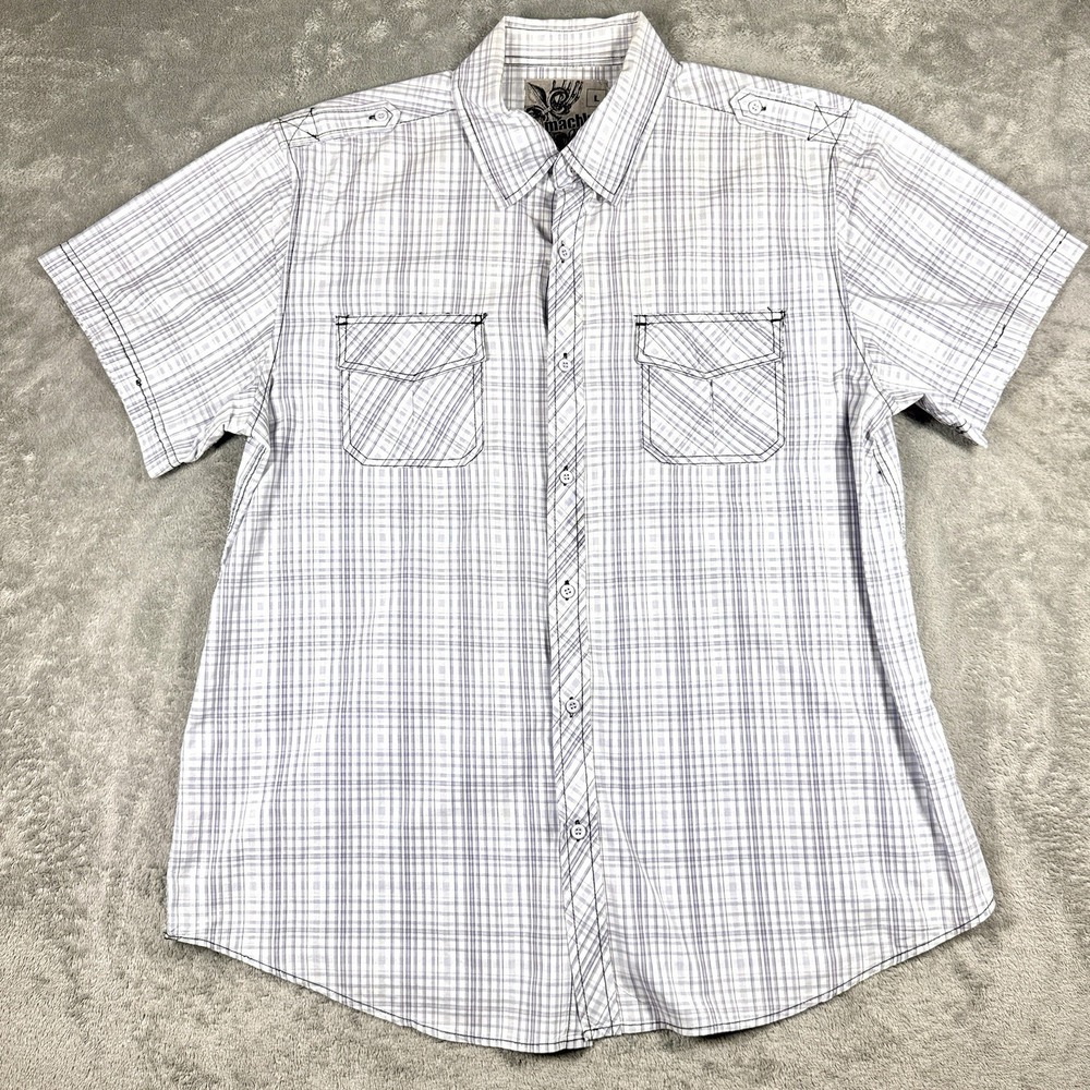 MK Machine Y2K Mens Button Up‎ Shirt L Plaid Short Sleeve Grunge